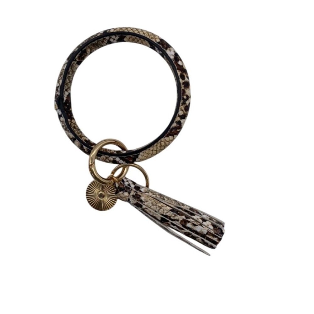 Leopard Print Leather Tassel‎ Bangle Keychain With Gold Charm & Ring Wristlet